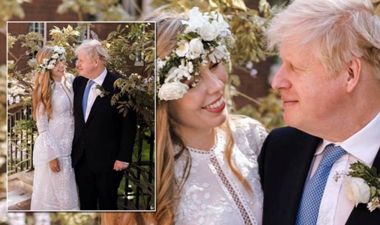Carrie Symonds étourdit dans la robe de mariée et le casque à fleurs Christos Costarellos de 2870 £