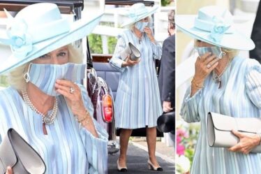 Camilla fait un faux pas avec un masque assorti alors qu'elle sort dans un nouveau manteau bleu à Royal Ascot