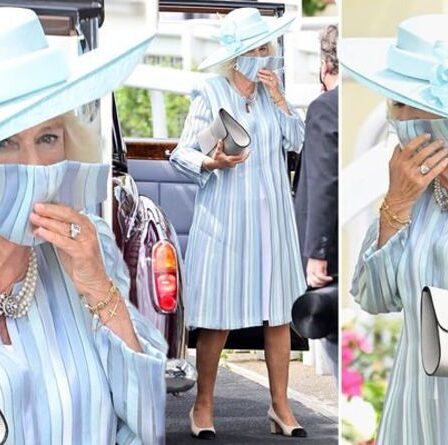 Camilla fait un faux pas avec un masque assorti alors qu'elle sort dans un nouveau manteau bleu à Royal Ascot