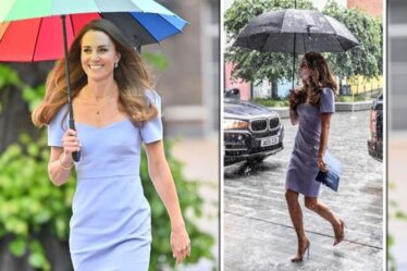 Kate Middleton «tout simplement magnifique» dans une robe bleu glacier de 225 £ lors d'une averse torrentielle