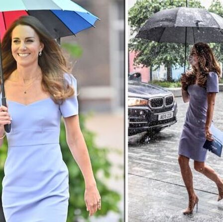 Kate Middleton «tout simplement magnifique» dans une robe bleu glacier de 225 £ lors d'une averse torrentielle