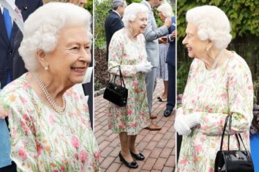 La reine Elizabeth II s'habille pour l'été d'une robe à fleurs et d'une broche en or à la réception du G7