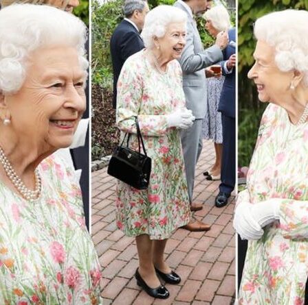 La reine Elizabeth II s'habille pour l'été d'une robe à fleurs et d'une broche en or à la réception du G7