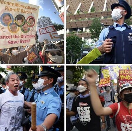 Une manifestation pour les Jeux Olympiques éclate dans une rue animée de Tokyo alors que la route est bloquée - « Go to HELL IOC »