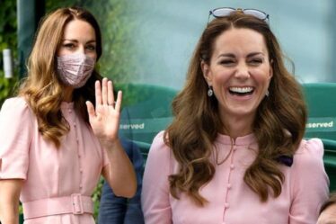 Kate Middleton étourdit dans une robe midi rose à 695 £ et des chaussures à 30 £ à Wimbledon avec son père Michael