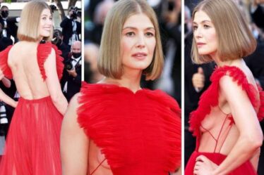 Rosamund Pike, 42 ans, risque un dysfonctionnement de sa garde-robe alors qu'elle montre un décolleté à Cannes 2021