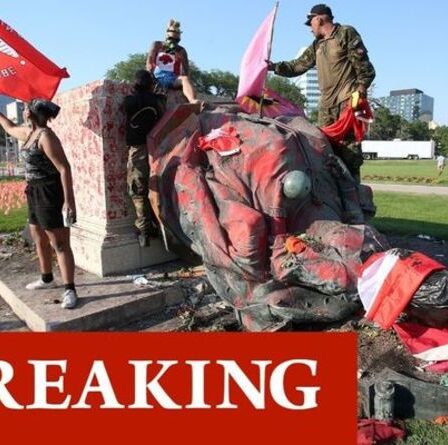 Statue de la reine renversée par des manifestants – une corde nouée autour d'elle alors que la foule scande « faites-la tomber ! »