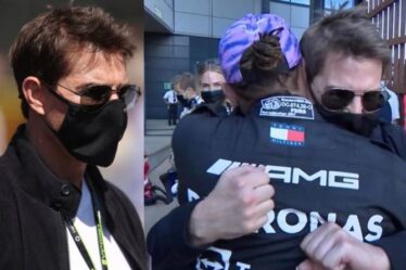 Tom Cruise embrasse Lewis Hamilton alors qu'il remporte le Grand Prix de Grande-Bretagne après un accident d'horreur