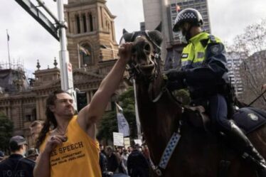 Un vil manifestant anti-verrouillage frappe un cheval au visage alors qu'une manifestation éclate en Australie