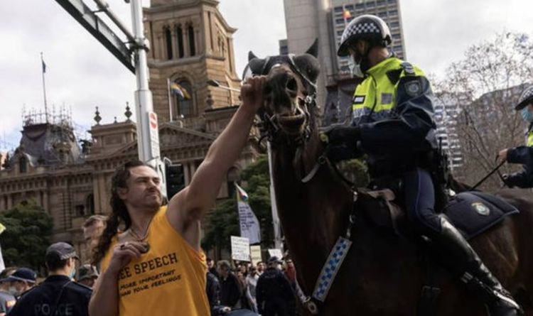 Un vil manifestant anti-verrouillage frappe un cheval au visage alors qu'une manifestation éclate en Australie
