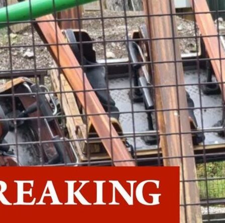 Le manège des montagnes russes sort des rails avec deux voitures qui ont déraillé dans l'horreur d'un parc à thème