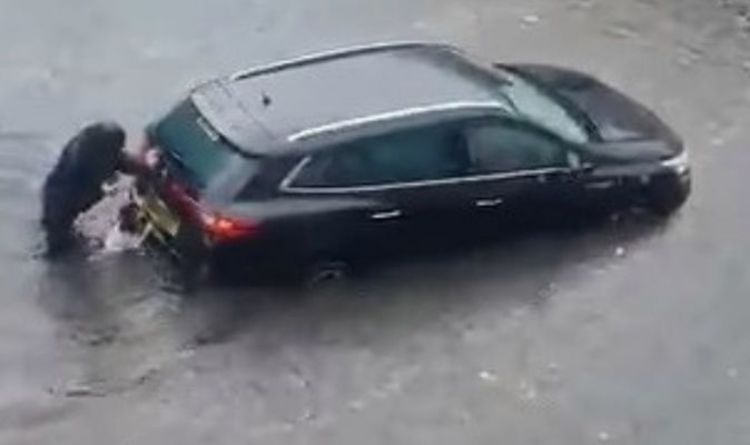 Une Écossaise et son chien filmés travaillant ensemble pour sortir une voiture des eaux de crue