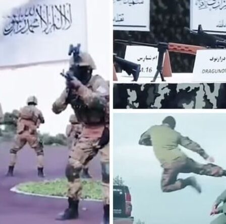 Des militants talibans exhibent des gilets suicide lors d'une parade terrifiante lors d'un défilé d'armes