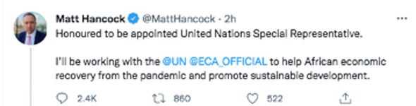 Le tweet de Matt Hancock