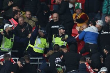 Des supporters hongrois s'affrontent avec la police à l'intérieur de Wembley lors d'un match contre l'Angleterre alors que des matraques sont utilisées