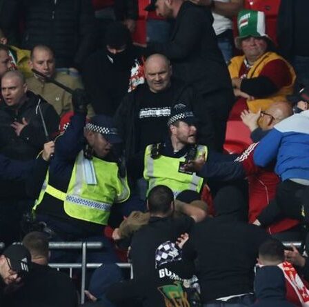 Des supporters hongrois s'affrontent avec la police à l'intérieur de Wembley lors d'un match contre l'Angleterre alors que des matraques sont utilisées