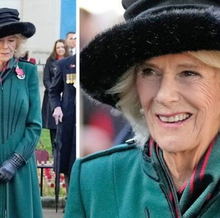 Camilla porte une broche vert foncé significative pour l'événement du jour de l'Armistice sans le prince Charles