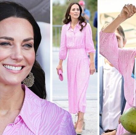 Kate Middleton attire l'attention dans une robe Rixo rose à 245 £ tout en dégustant une conque des Bahamas