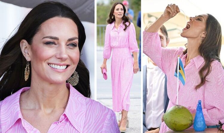 Kate Middleton attire l'attention dans une robe Rixo rose à 245 £ tout en dégustant une conque des Bahamas