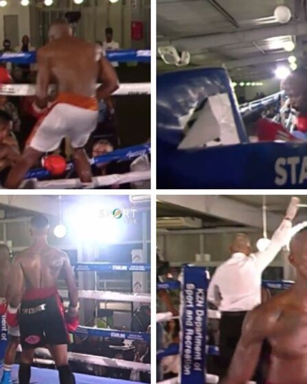 Un boxeur lance des coups de poing dans les airs dans des images effrayantes après avoir renversé son rival à travers des cordes