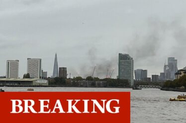Une épaisse fumée remplit l'air de Londres alors qu'un énorme incendie se déclare près de Surrey Quays