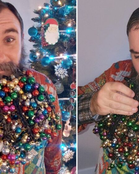 Un homme bat un record du monde en accrochant 710 boules à sa barbe avant Noël