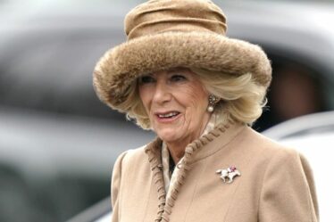 Camilla est chic au Cheltenham Festival en manteau camel et fabuleuse broche cheval