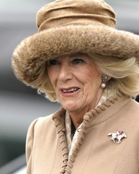Camilla est chic au Cheltenham Festival en manteau camel et fabuleuse broche cheval