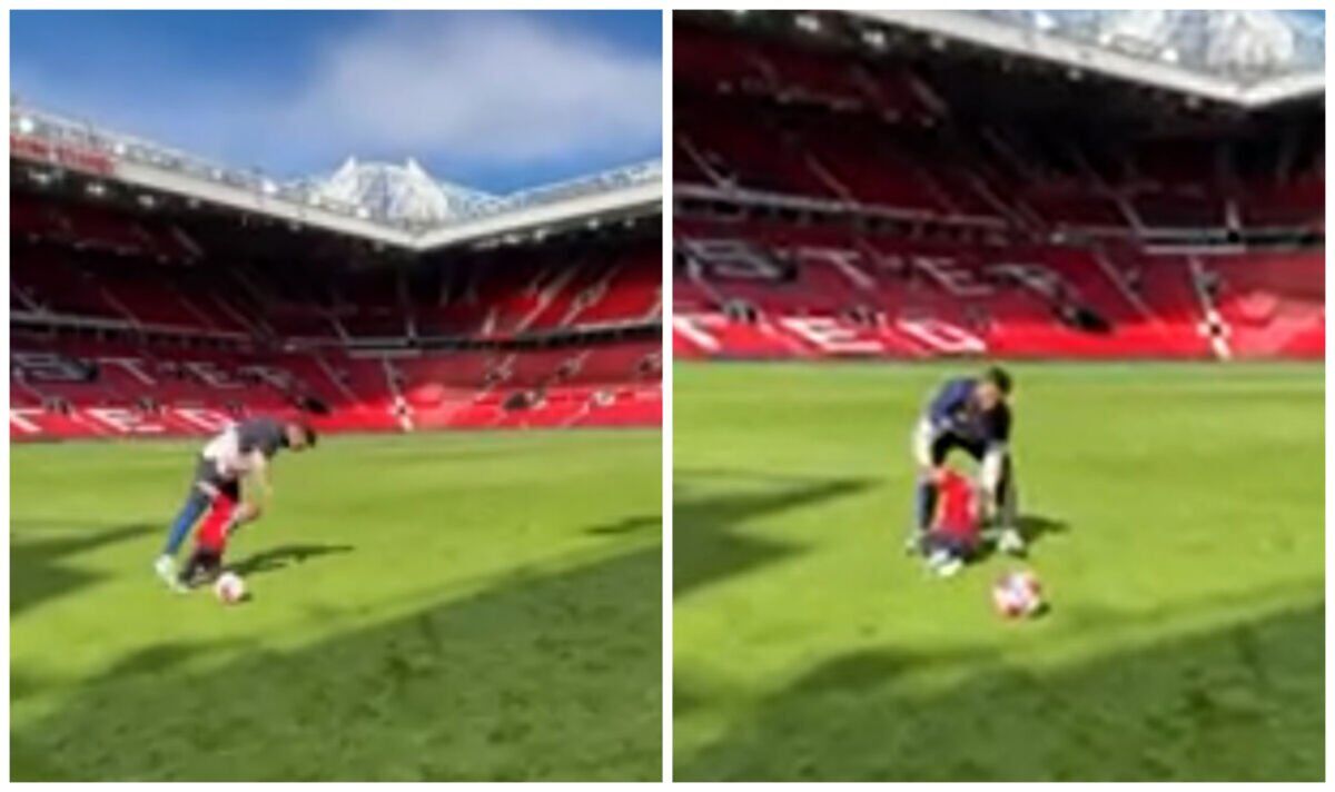 La star de Man Utd, Bruno Fernandes, nettoie un enfant pendant un coup de pied à Old Trafford