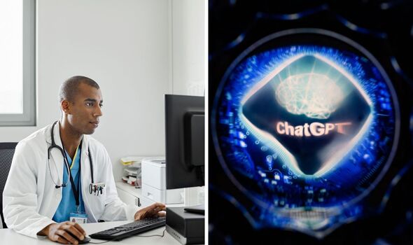 Un médecin, à gauche, et le logo ChatGPT, à droite