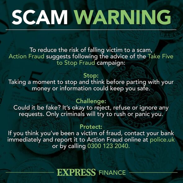 Le graphique d'avertissement d'escroquerie explique comment prendre cinq et contacter Action Fraud