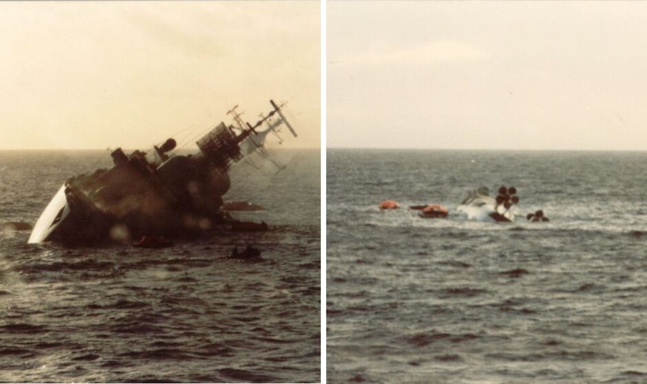 Le HMS Coventry au milieu et à la fin de son naufrage
