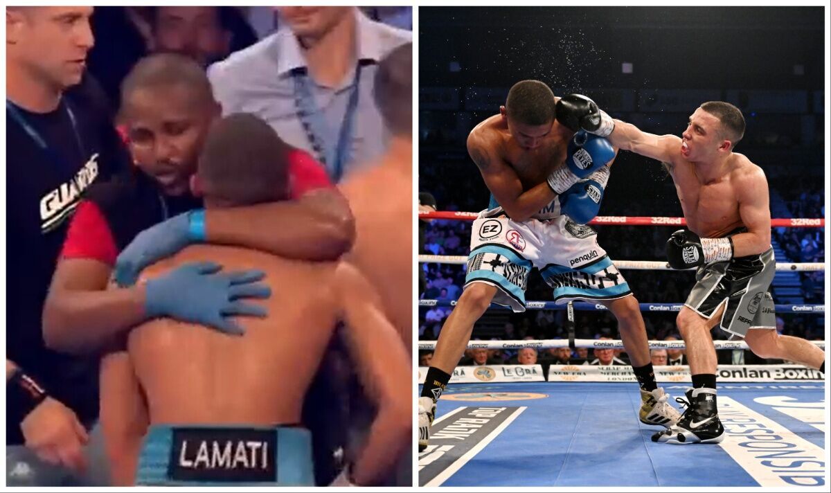 Ludumo Lamati sorti du ring après s'être effondré après un combat sur la carte de Michael Conlan