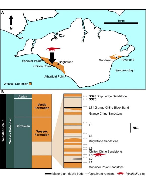 Carte du site fossilifère et colonne stratigraphique