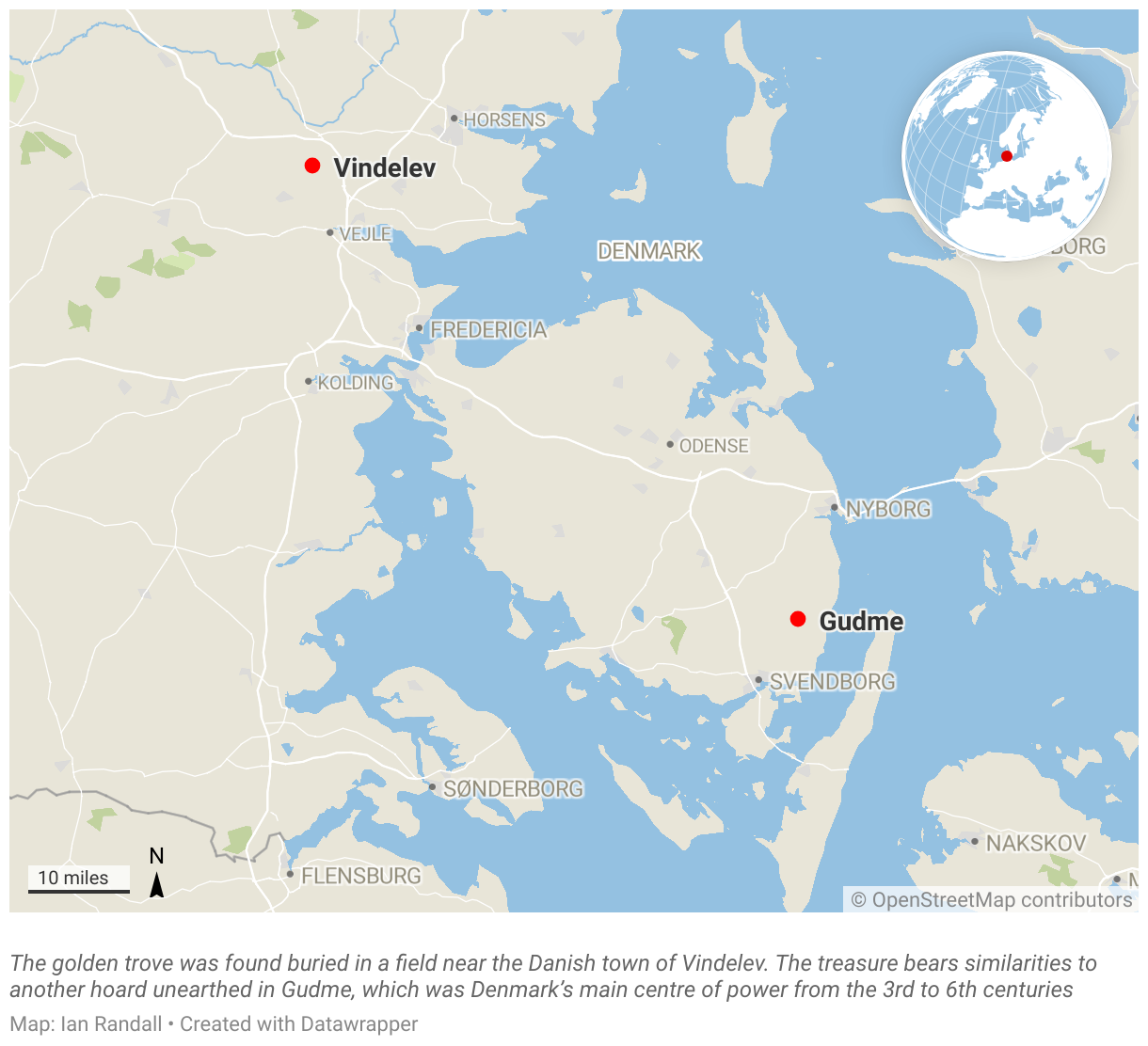 Une carte du Danemark montrant les emplacements de Vindelev et Gudme