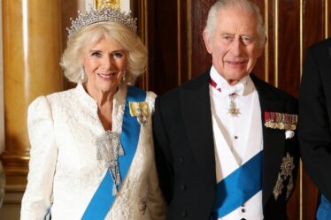 La reine Camilla impressionne dans sa robe blanche Fiona Clare et ses bijoux royaux lors de la réception du palais