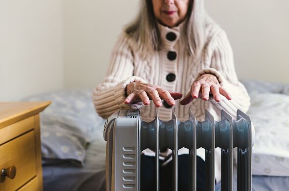 Femme âgée se réchauffant les mains sur un radiateur électrique à la maison
