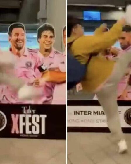 Un fan furieux de l'Inter Miami donne un coup de pied à l'affiche de Lionel Messi avec colère après le coup dur à Hong Kong
