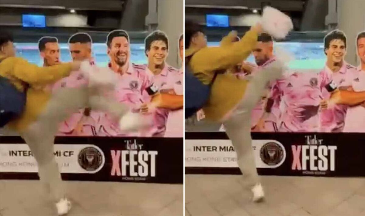 Un fan furieux de l'Inter Miami donne un coup de pied à l'affiche de Lionel Messi avec colère après le coup dur à Hong Kong