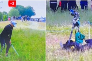 Un caméraman de golf s'effondre de douleur et transporté à l'hôpital après avoir été touché par un tir capricieux