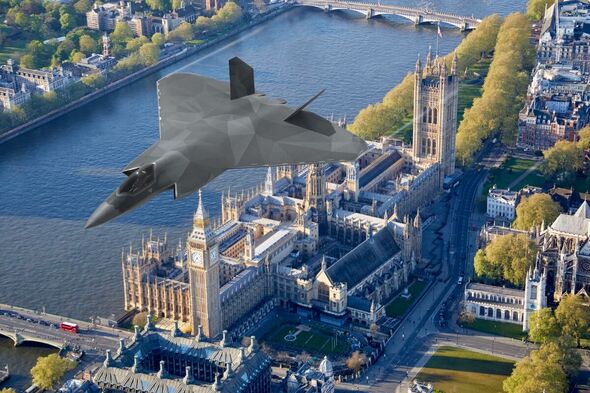 Des images générées par ordinateur montrent un avion Tempest survolant le Parlement.