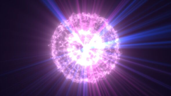 Sphère d'énergie violette brillante avec rayons lumineux rayonnants et éclat de particules sur fond sombre, noyau de puissance cosmique abstrait futuriste