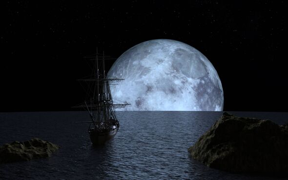 Voilier à la pleine lune bleue - rendu 3d Voilier à la pleine lune bleue - rendu 3d