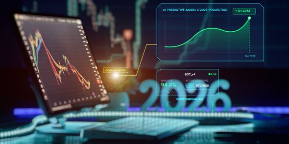 Concept de finance prédictive avec robot algorithmique, paire BTC/USD et prévisions 2026